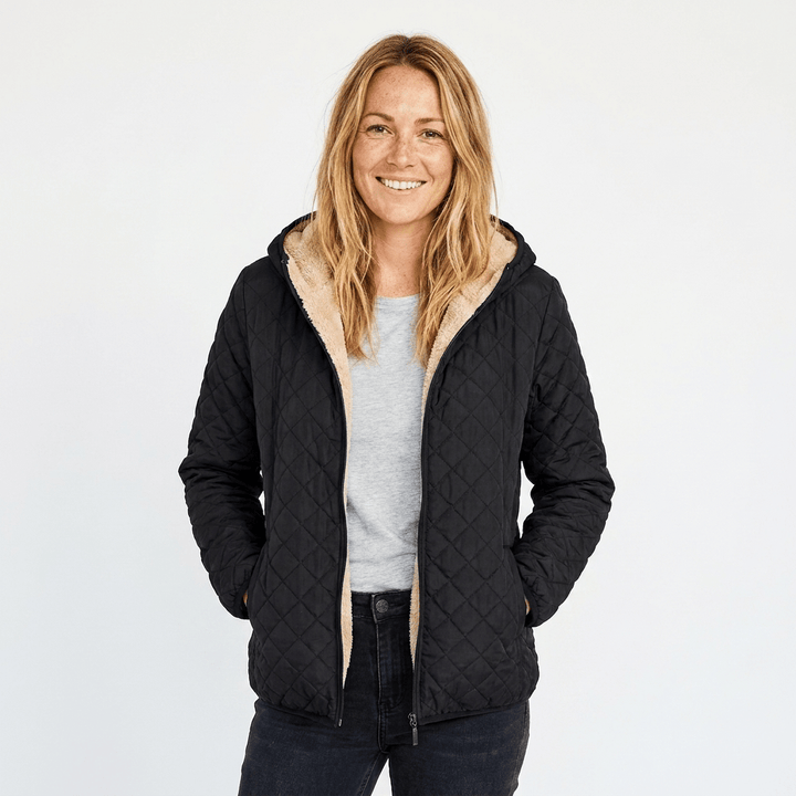 Women's Quilted Jacket with Fleece-Lined Hood and Zip-Up Closure - Lightweight Hip-Length Winter Coat 0