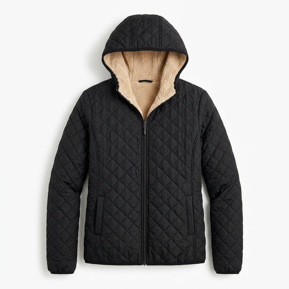 Women's Quilted Jacket with Fleece-Lined Hood and Zip-Up Closure - Lightweight Hip-Length Winter Coat 1