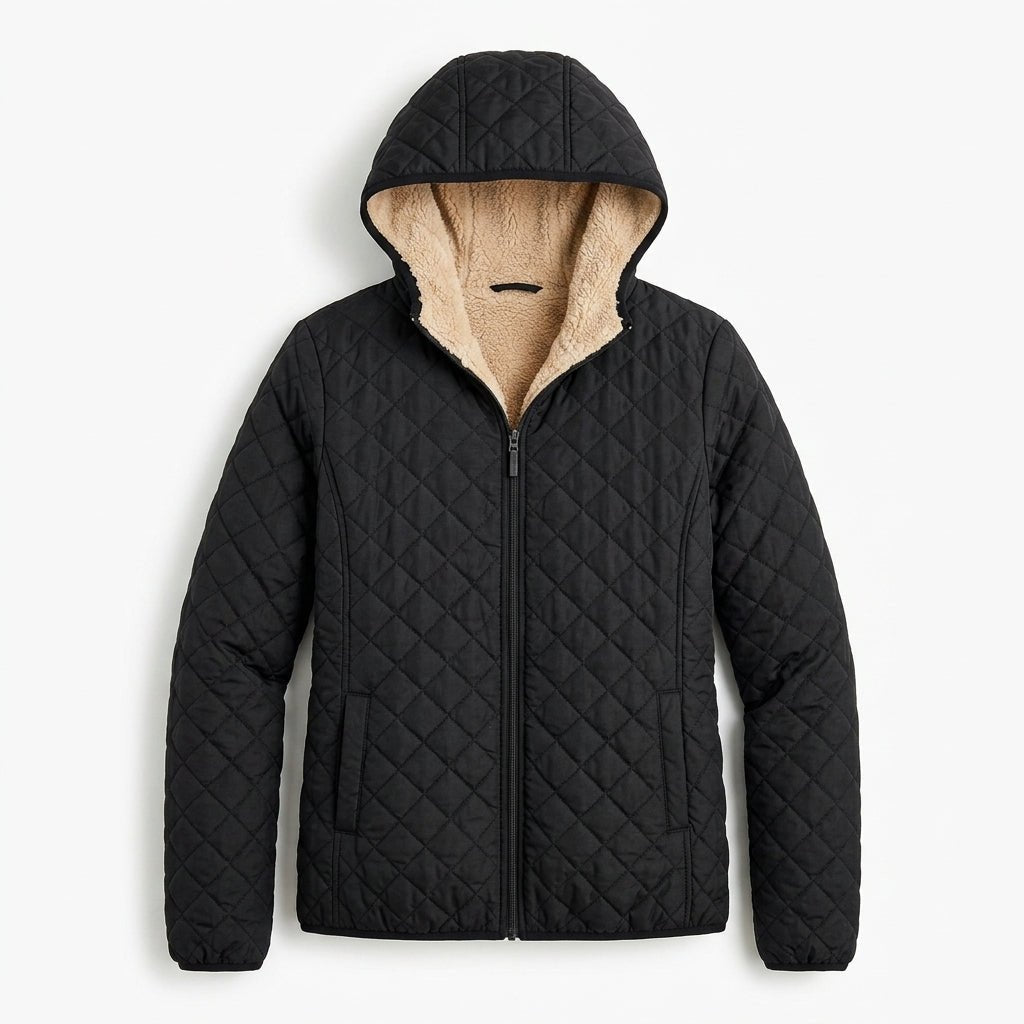 Women's Quilted Jacket with Fleece-Lined Hood and Zip-Up Closure - Lightweight Hip-Length Winter Coat 1