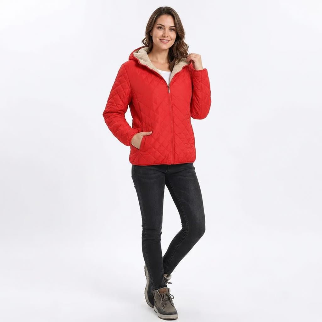 Women's Quilted Jacket with Fleece-Lined Hood and Zip-Up Closure - Lightweight Hip-Length Winter Coat 7