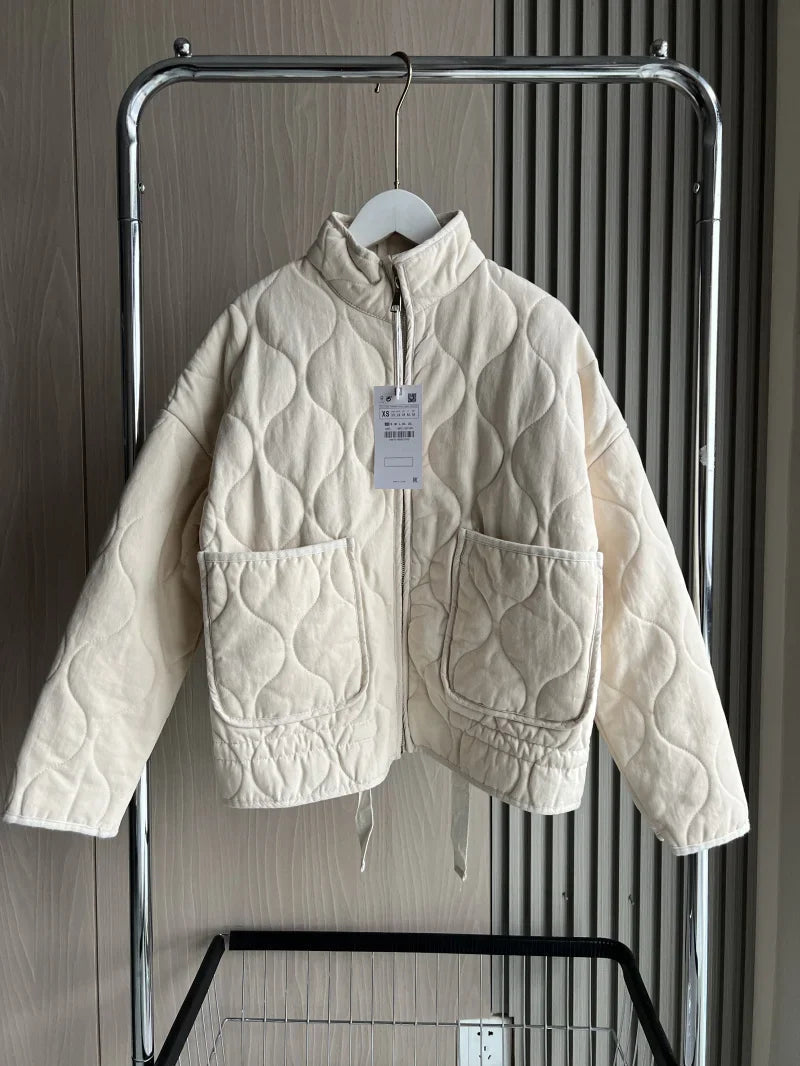 Women's Quilted Jacket with High Collar and Pockets – Vintage Cotton Winter Coat 0