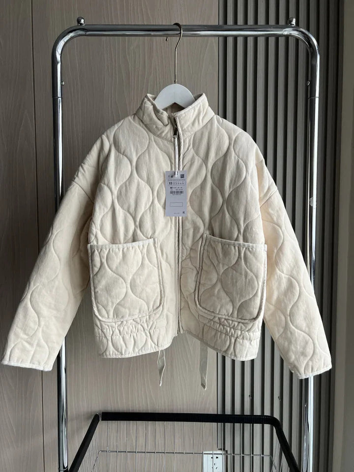 Women's Quilted Jacket with High Collar and Pockets – Vintage Cotton Winter Coat 0