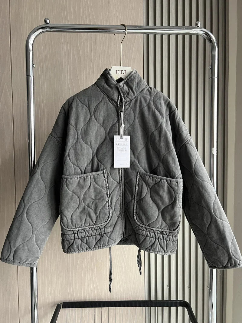 Women's Quilted Jacket with High Collar and Pockets – Vintage Cotton Winter Coat 1