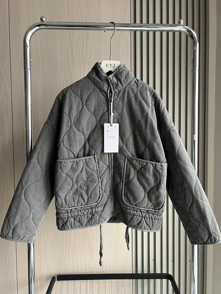 Women's Quilted Jacket with High Collar and Pockets – Vintage Cotton Winter Coat 1