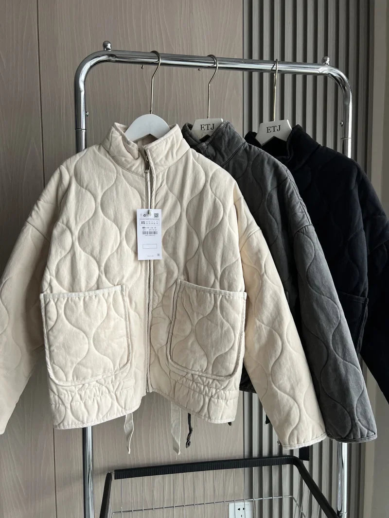 Women's Quilted Jacket with High Collar and Pockets – Vintage Cotton Winter Coat 2