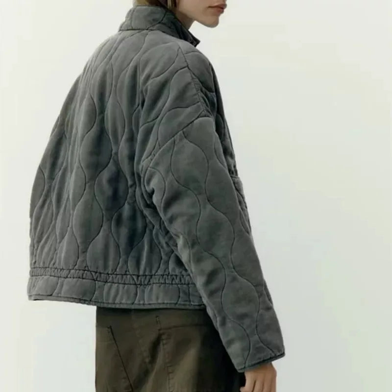 Women's Quilted Jacket with High Collar and Pockets – Vintage Cotton Winter Coat 4