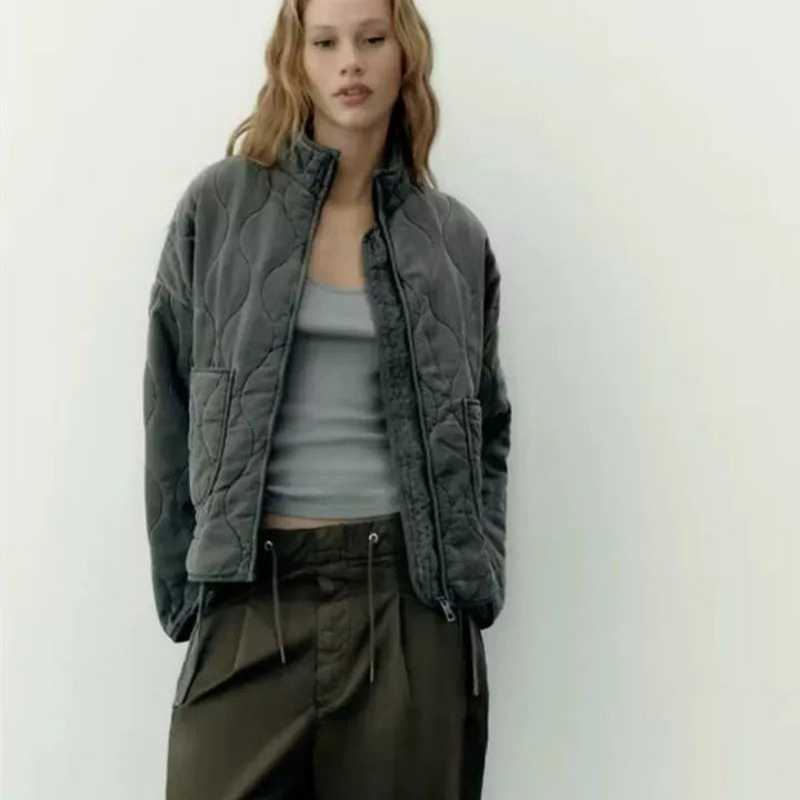 Women's Quilted Jacket with High Collar and Pockets – Vintage Cotton Winter Coat 5