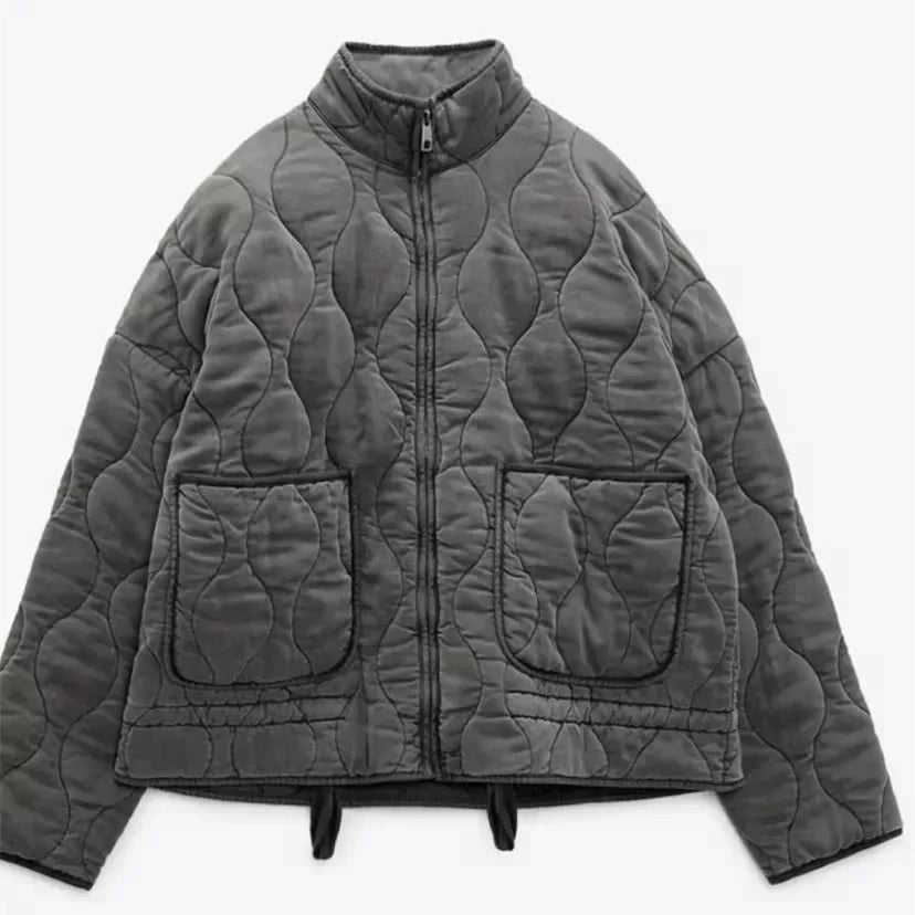Women's Quilted Jacket with High Collar and Pockets – Vintage Cotton Winter Coat 7