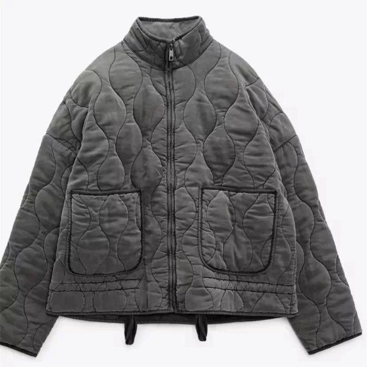 Women's Quilted Jacket with High Collar and Pockets – Vintage Cotton Winter Coat 7
