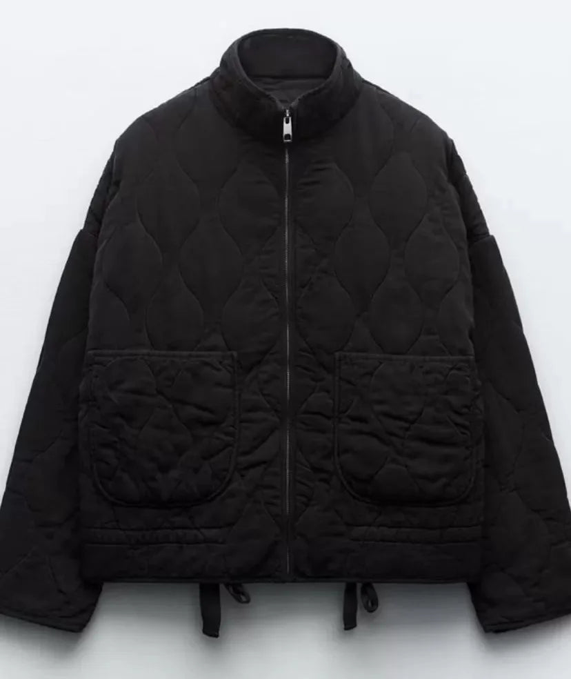 Women's Quilted Jacket with High Collar and Pockets – Vintage Cotton Winter Coat 8