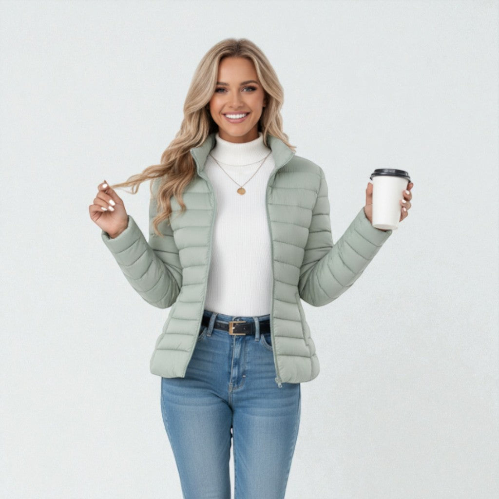 Women's quilted jacket featuring a slim fit design, lightweight construction, and casual style in a neutral tone, perfect for versatile layering. 3