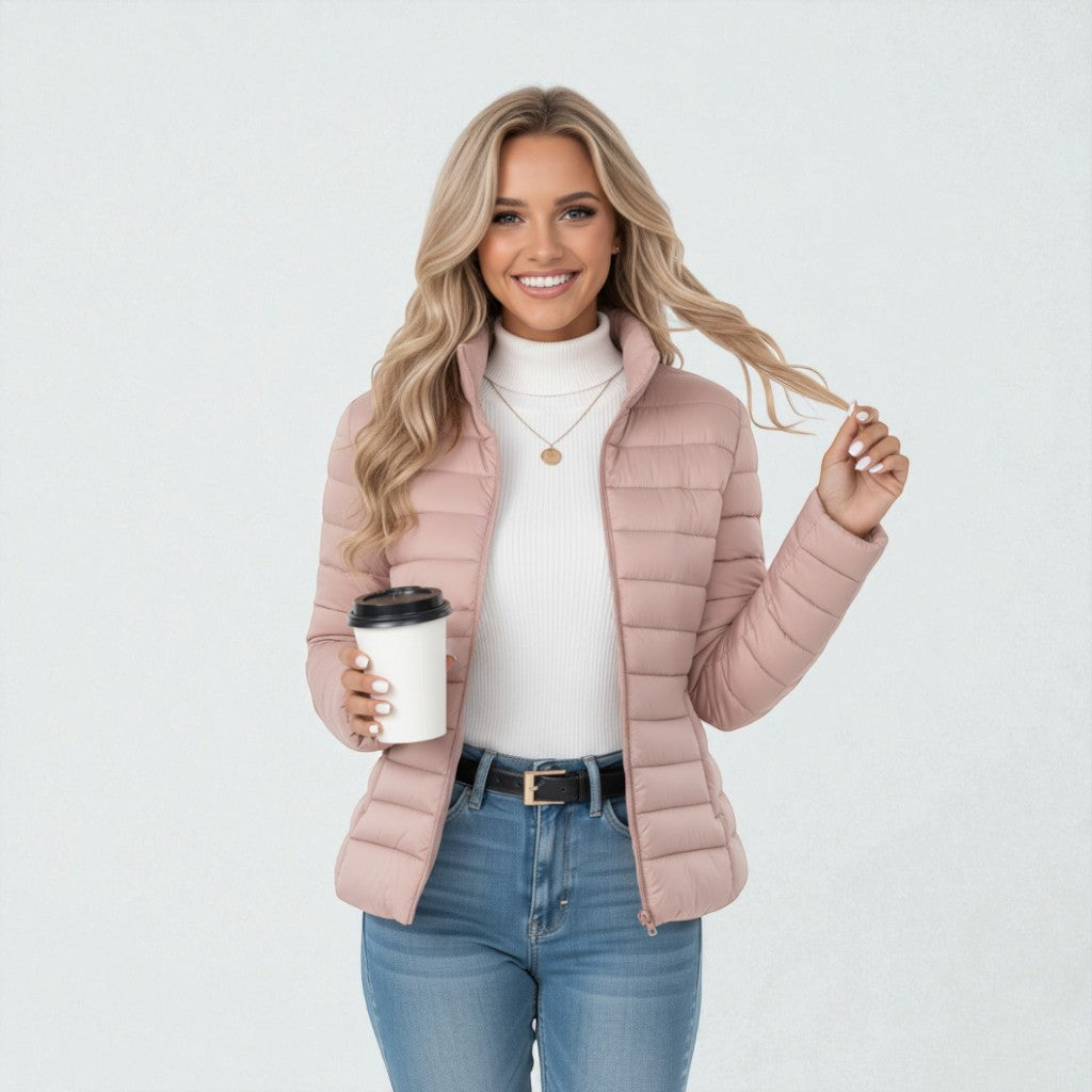 Women's quilted jacket featuring a slim fit design, lightweight construction, and casual style in a neutral tone, perfect for versatile layering. 5