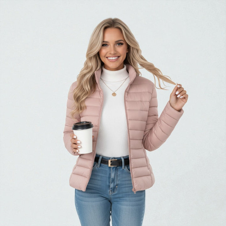 Women's quilted jacket featuring a slim fit design, lightweight construction, and casual style in a neutral tone, perfect for versatile layering. 5