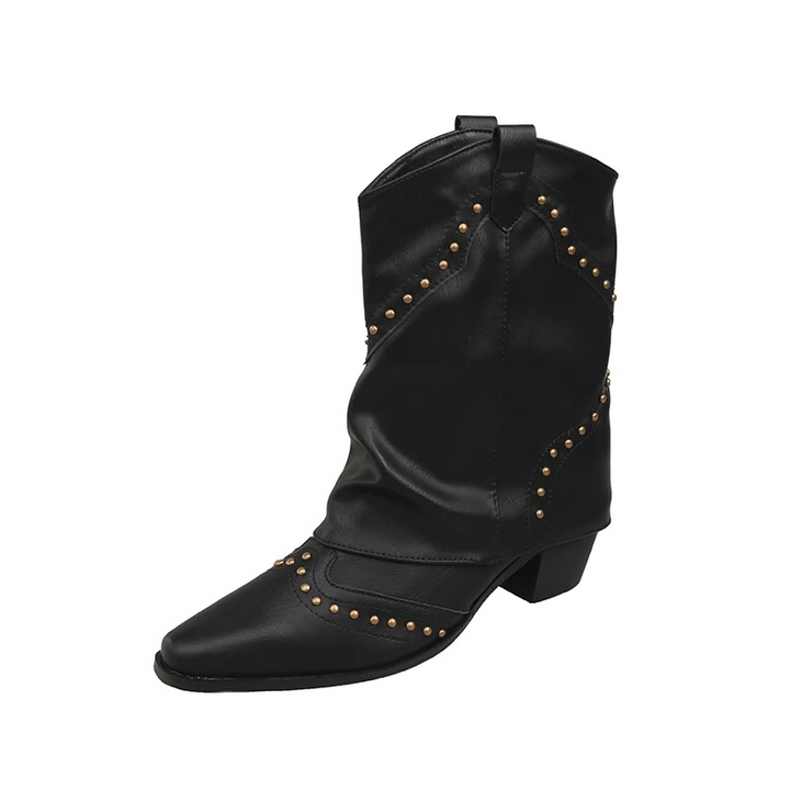 Women's Studded Cowboy Boots with Mid-Heel and Metallic Accents – Black Western-Inspired Design 0