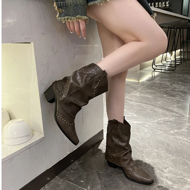 Women's Studded Cowboy Boots with Mid-Heel and Metallic Accents – Black Western-Inspired Design 2