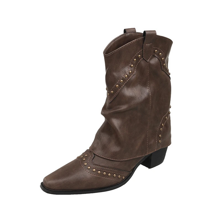 Women's Studded Cowboy Boots with Mid-Heel and Metallic Accents – Black Western-Inspired Design 4