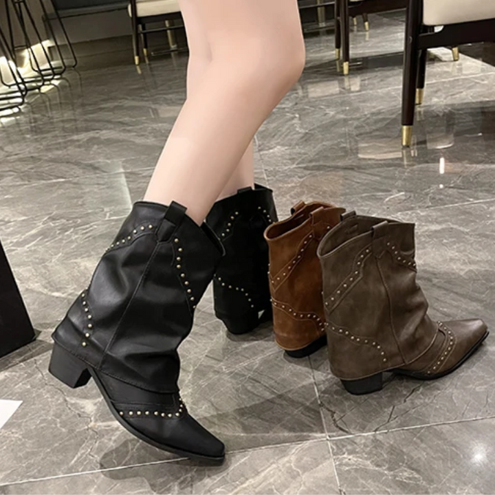 Women's Studded Cowboy Boots with Mid-Heel and Metallic Accents – Black Western-Inspired Design 5