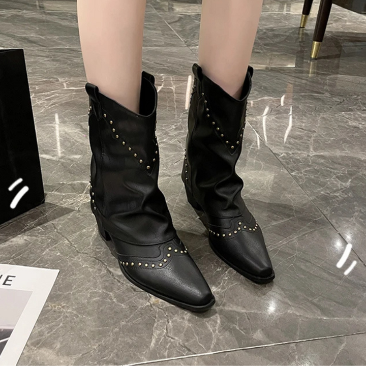 Women's Studded Cowboy Boots with Mid-Heel and Metallic Accents – Black Western-Inspired Design 6