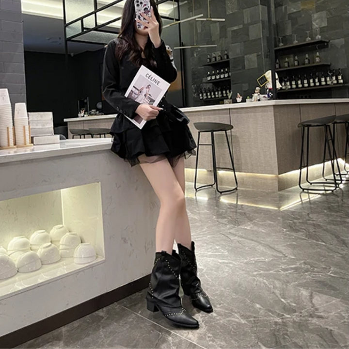 Women's Studded Cowboy Boots with Mid-Heel and Metallic Accents – Black Western-Inspired Design 8