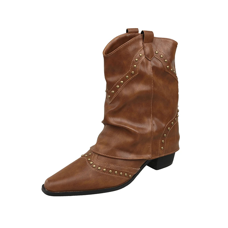 Women's Studded Cowboy Boots with Mid-Heel and Metallic Accents – Black Western-Inspired Design 9