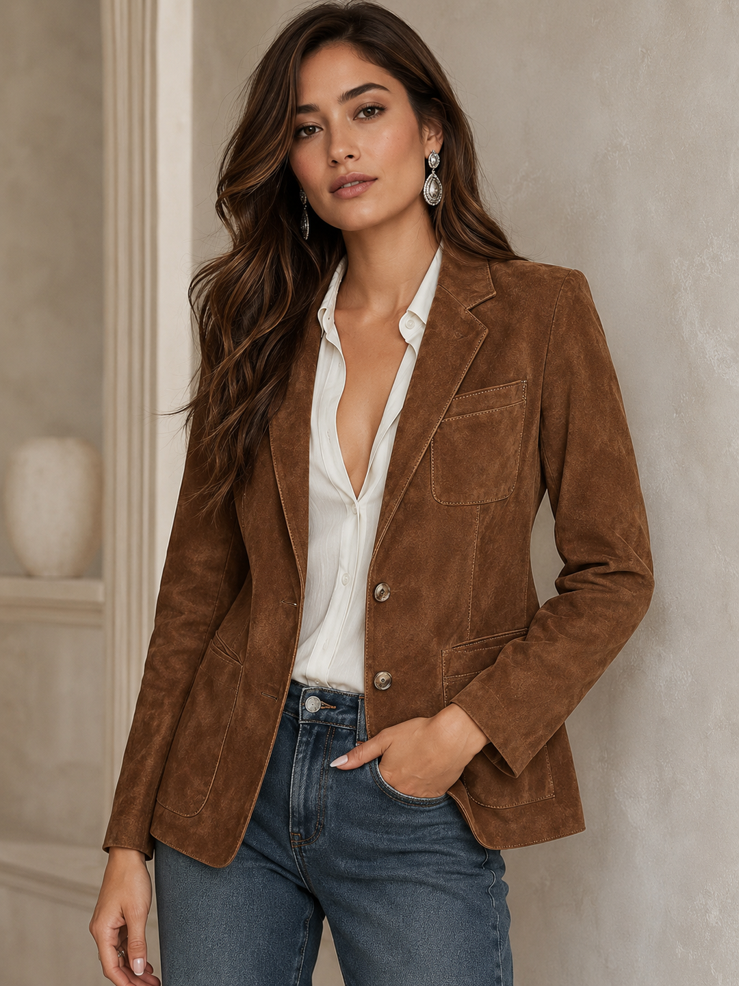 Women's suede blazer featuring a notch lapel and patch pockets, designed for a relaxed fit with a soft matte finish. 0