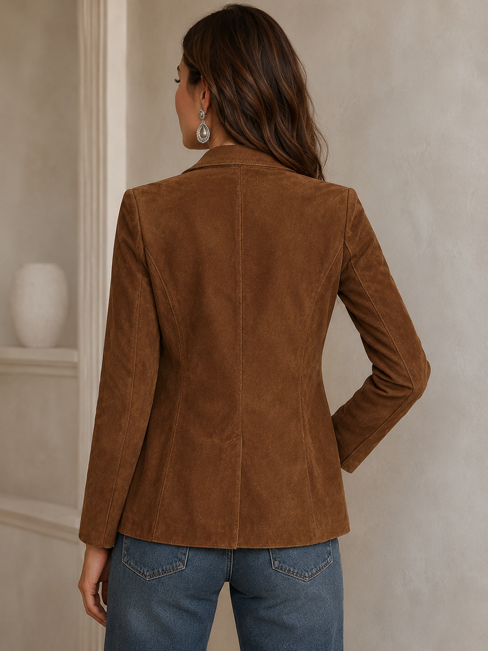 Women's suede blazer featuring a notch lapel and patch pockets, designed for a relaxed fit with a soft matte finish. 1