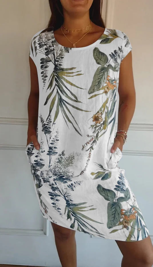 Women's Summer Dress with Botanical Print and Pockets - Lightweight Cotton Linen Blend, Relaxed Fit 0
