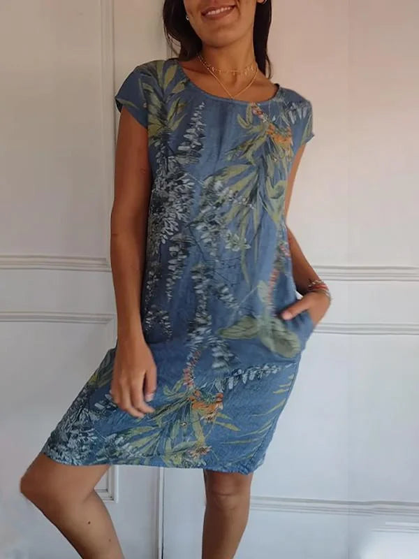 Women's Summer Dress with Botanical Print and Pockets - Lightweight Cotton Linen Blend, Relaxed Fit 1