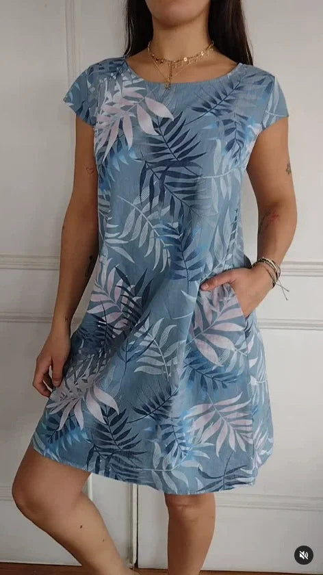 Women's Summer Dress with Botanical Print and Pockets - Lightweight Cotton Linen Blend, Relaxed Fit 11