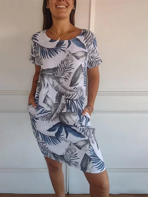 Women's Summer Dress with Botanical Print and Pockets - Lightweight Cotton Linen Blend, Relaxed Fit 2