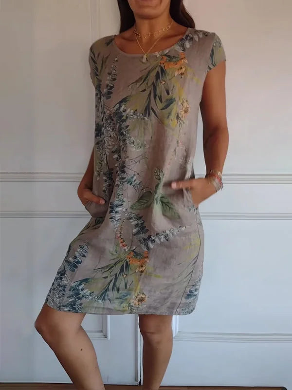 Women's Summer Dress with Botanical Print and Pockets - Lightweight Cotton Linen Blend, Relaxed Fit 3