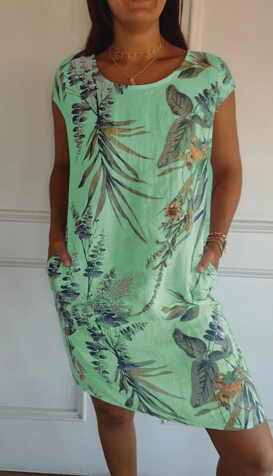 Women's Summer Dress with Botanical Print and Pockets - Lightweight Cotton Linen Blend, Relaxed Fit 5