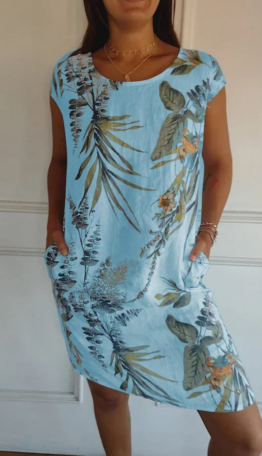 Women's Summer Dress with Botanical Print and Pockets - Lightweight Cotton Linen Blend, Relaxed Fit 7