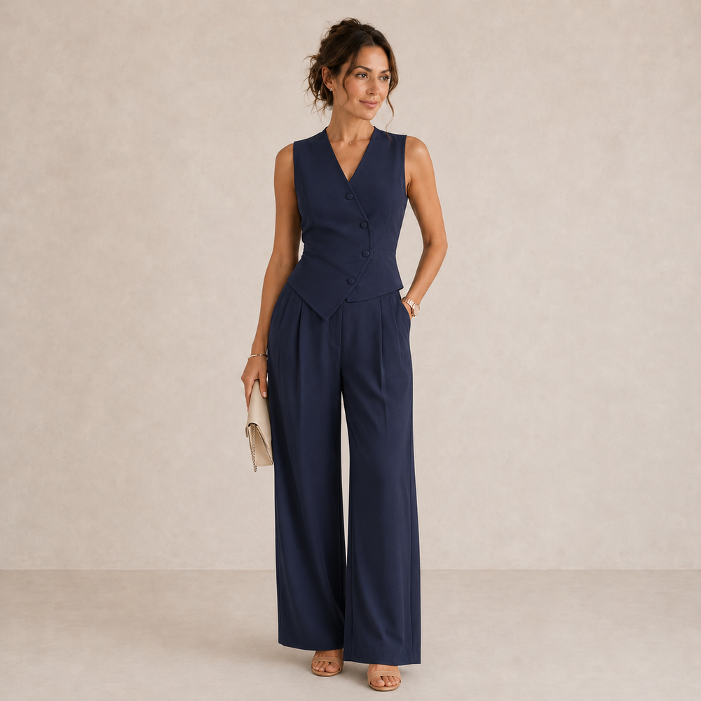 Women's summer fashion set featuring a slim-fit navy blue vest and wide-leg trousers made from a comfortable polyester blend. 1