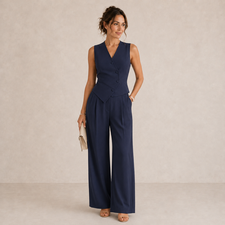 Women's summer fashion set featuring a slim-fit navy blue vest and wide-leg trousers made from a comfortable polyester blend. 1