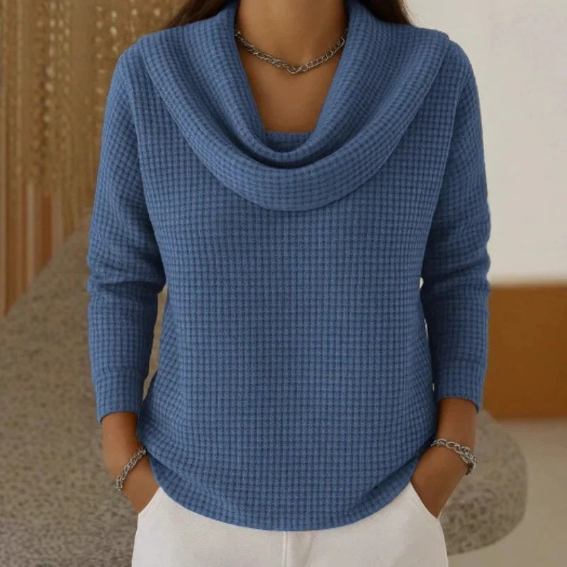 Women's Sweater with Cowl Neck Design – Soft Waffle Knit for Cozy Warmth – Elegant Flowing Fit in Blue 0