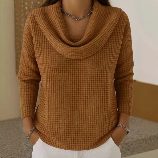 Women's Sweater with Cowl Neck Design – Soft Waffle Knit for Cozy Warmth – Elegant Flowing Fit in Blue 1