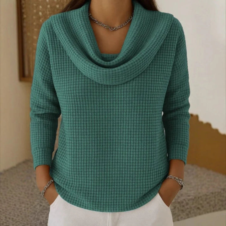 Women's Sweater with Cowl Neck Design – Soft Waffle Knit for Cozy Warmth – Elegant Flowing Fit in Blue 2