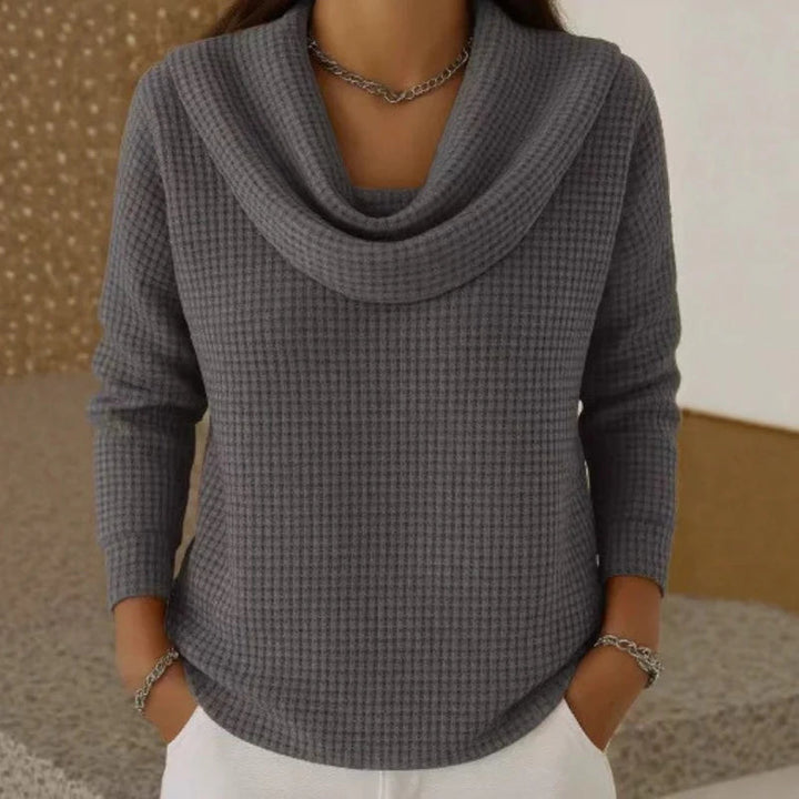 Women's Sweater with Cowl Neck Design – Soft Waffle Knit for Cozy Warmth – Elegant Flowing Fit in Blue 3