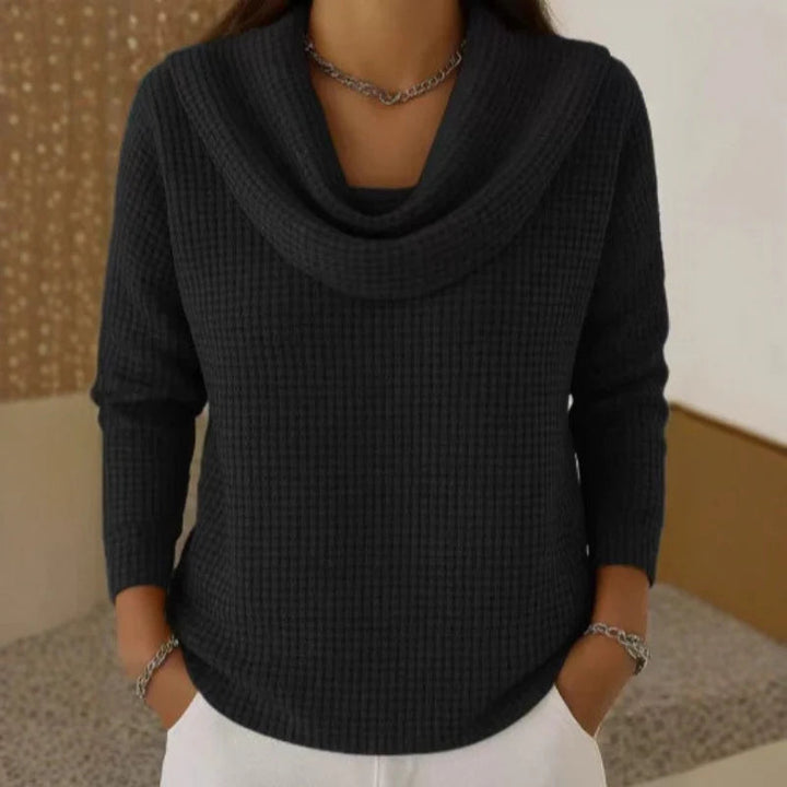 Women's Sweater with Cowl Neck Design – Soft Waffle Knit for Cozy Warmth – Elegant Flowing Fit in Blue 4