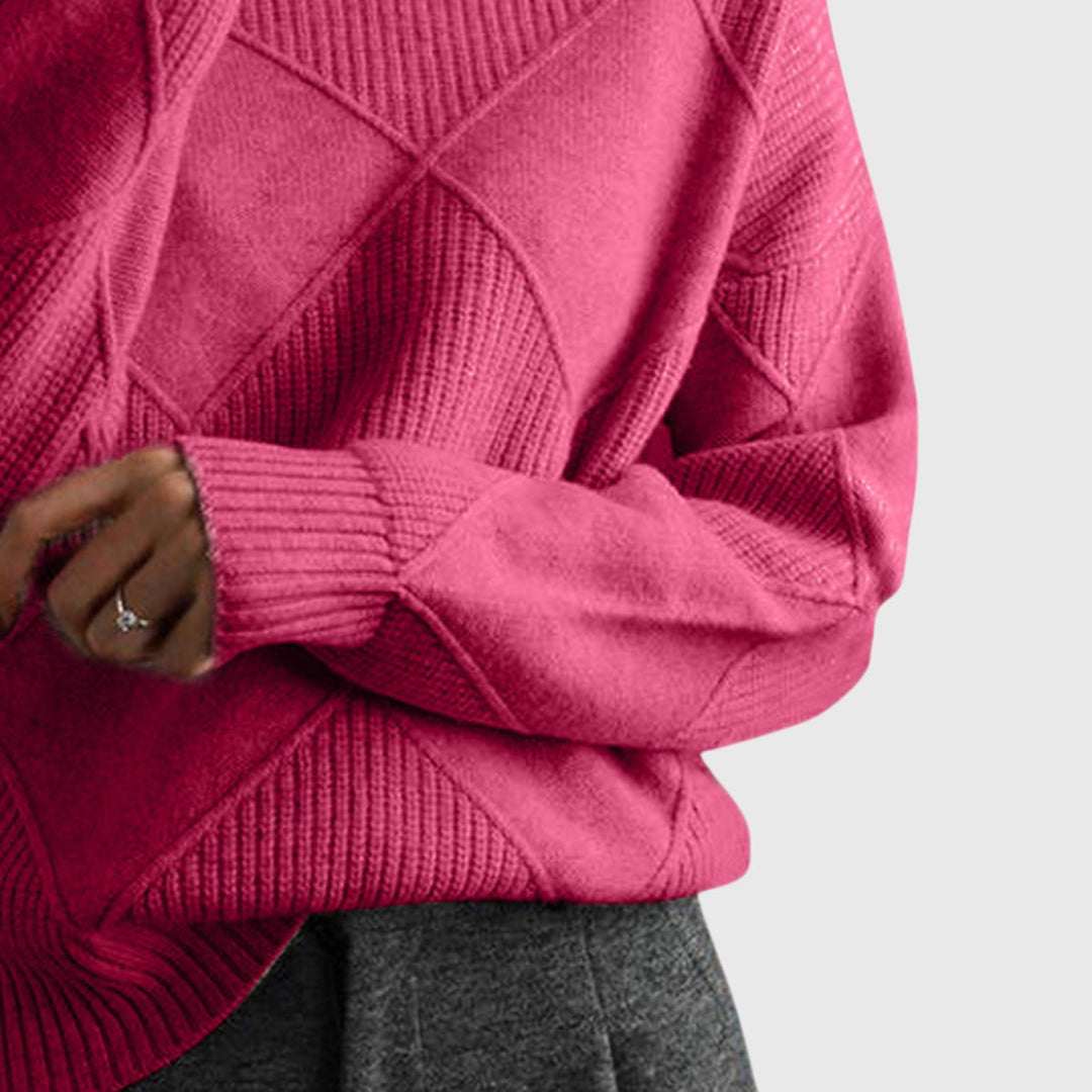 Women's Sweater with Geometric Pattern and Turtleneck – Soft-Knit Cozy Design in Rose 1