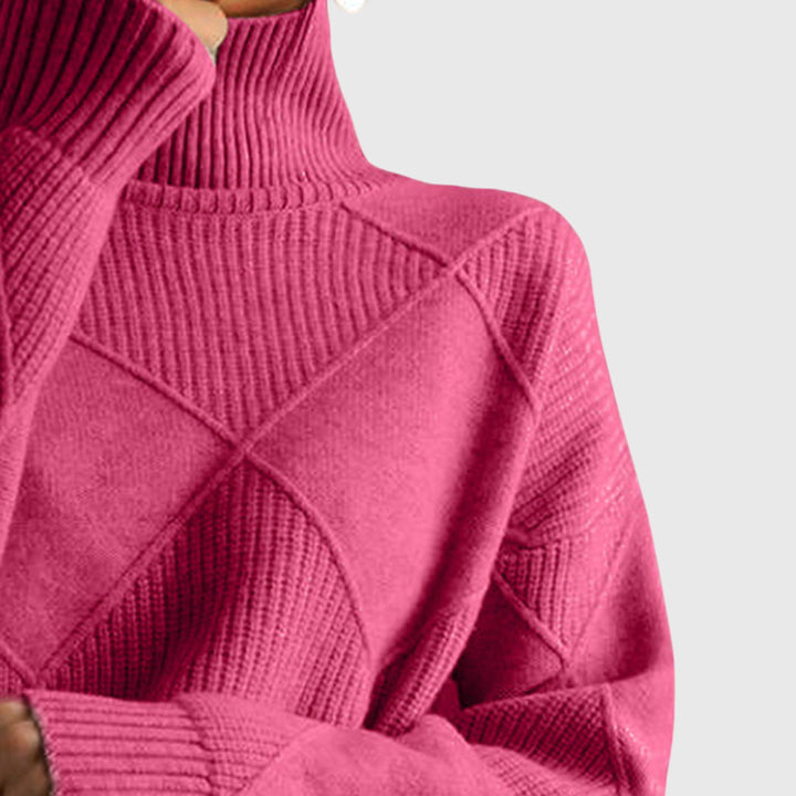 Women's Sweater with Geometric Pattern and Turtleneck – Soft-Knit Cozy Design in Rose 2