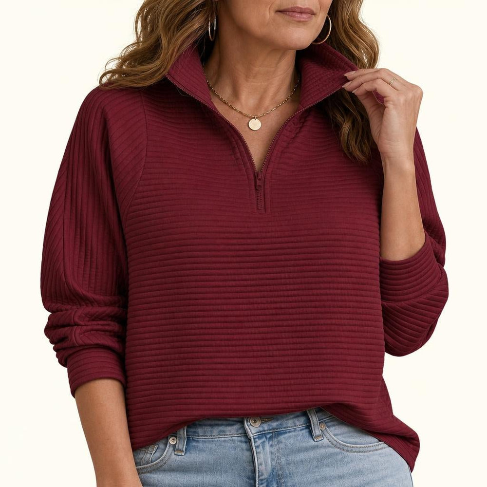 Women's Sweater with Half-Zip and Balloon Sleeves – Relaxed Fit Knit Funnel Neck Top 1