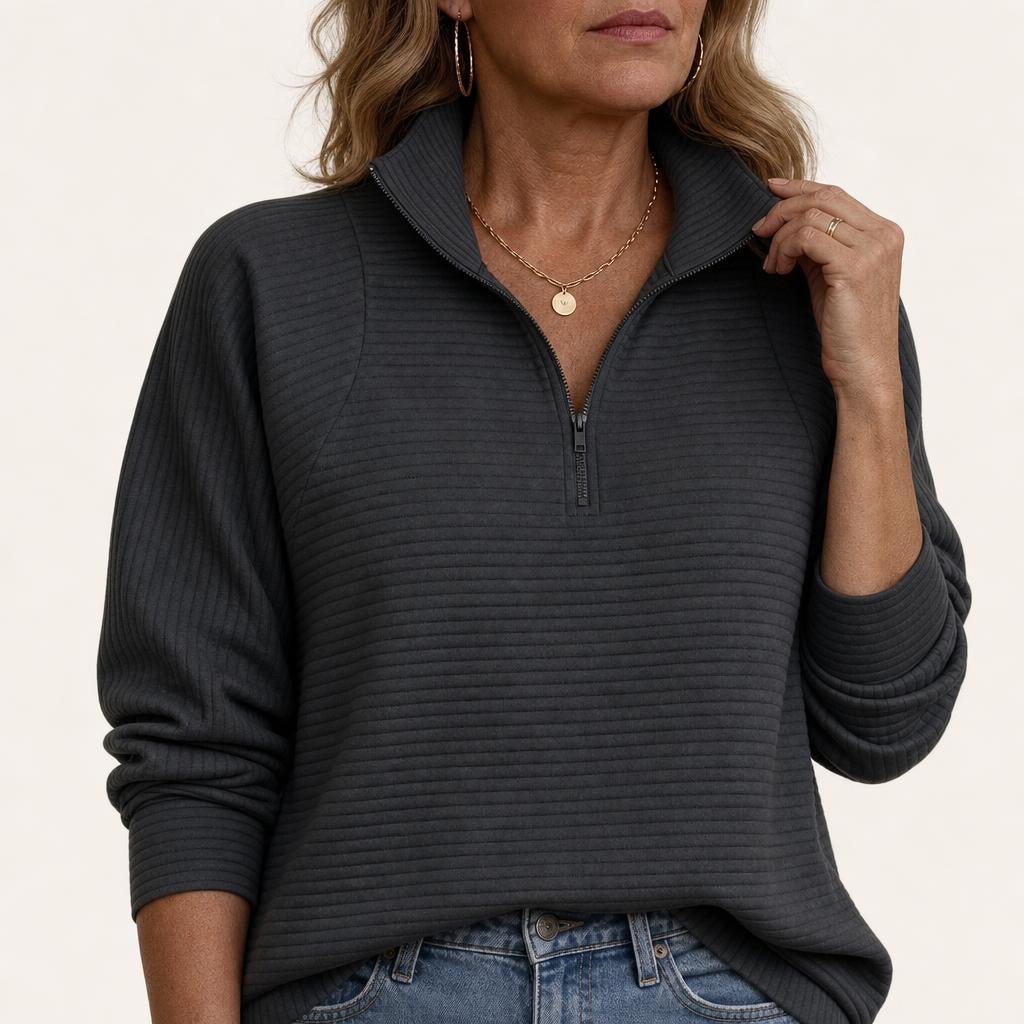 Women's Sweater with Half-Zip and Balloon Sleeves – Relaxed Fit Knit Funnel Neck Top 2