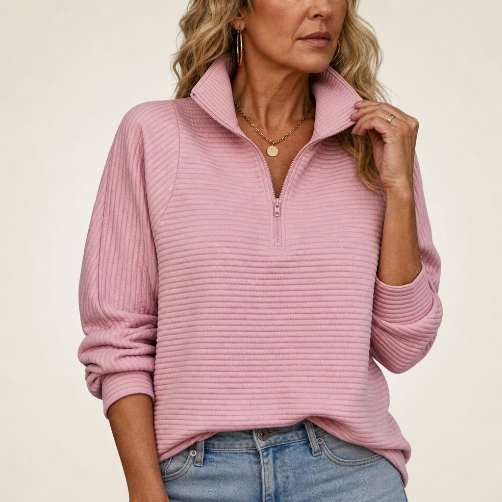 Women's Sweater with Half-Zip and Balloon Sleeves – Relaxed Fit Knit Funnel Neck Top 3