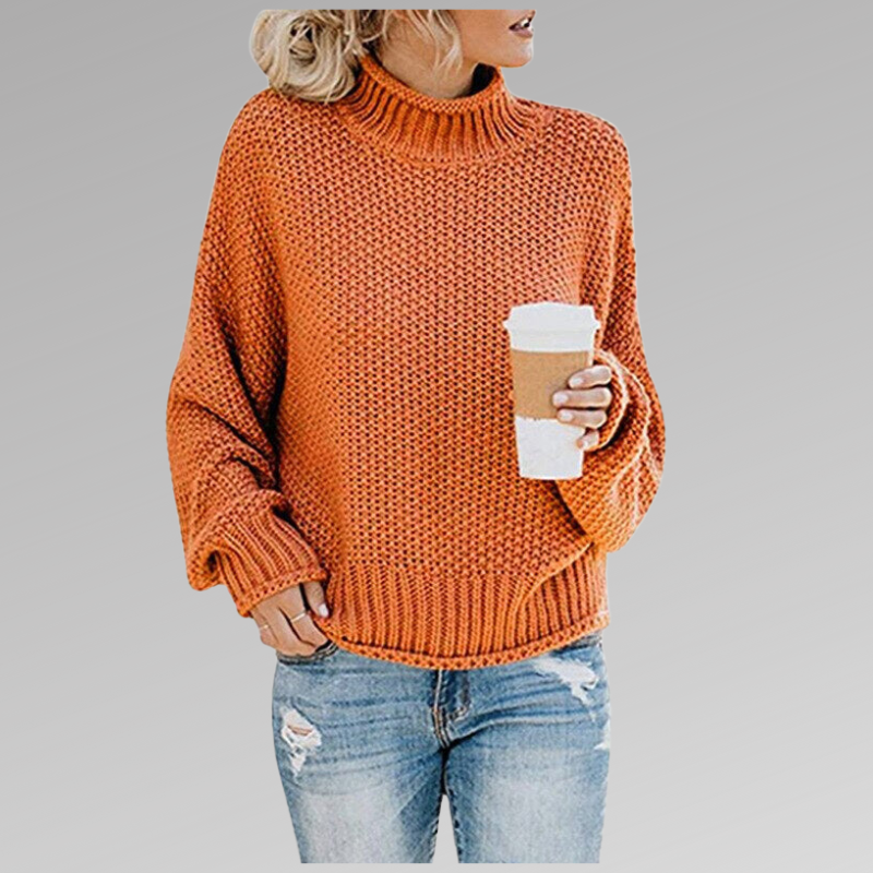Women's Sweater with High-Neck Design and Draped Fit – Soft Cozy Knit in Orange 0