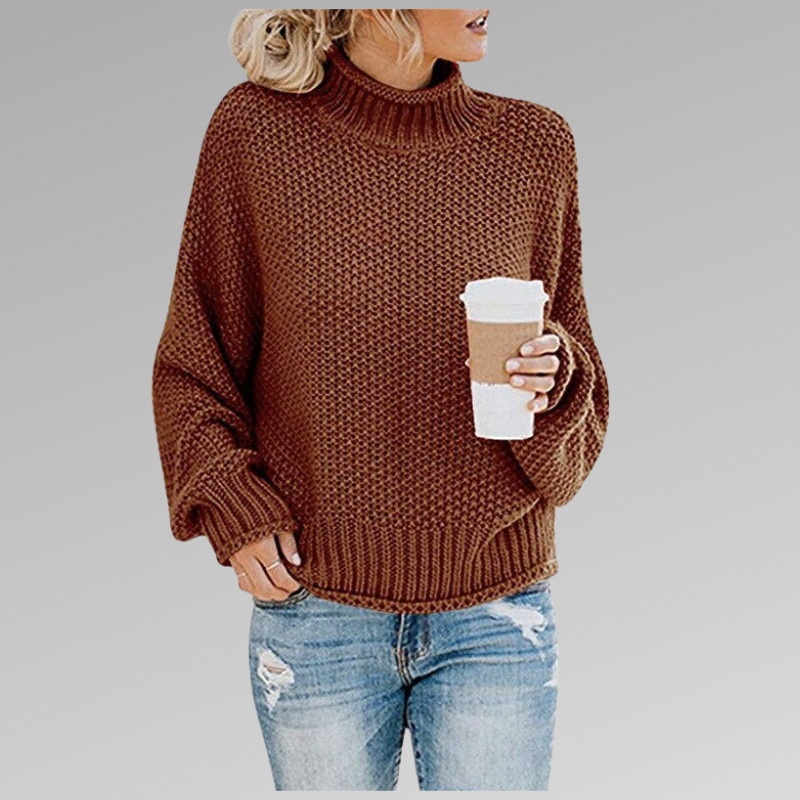 Women's Sweater with High-Neck Design and Draped Fit – Soft Cozy Knit in Orange 3