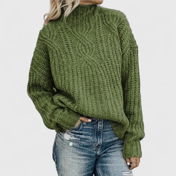 Women's Sweater with Relaxed Fit and Classic Cable Knit Design – Cozy Green Knitwear for Transitional Weather 0
