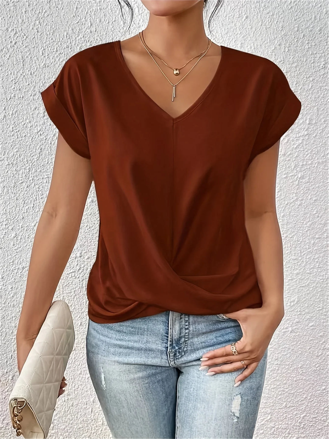Women's T-Shirt featuring a flattering sweetheart neckline, made from soft stretch fabric, designed for casual wear with short sleeves. 3