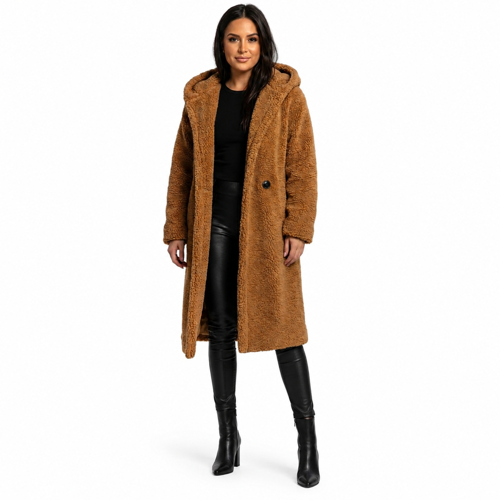 Women's Teddy Coat with Hood and Button Closure - Plush Relaxed Fit Winter Coat 1